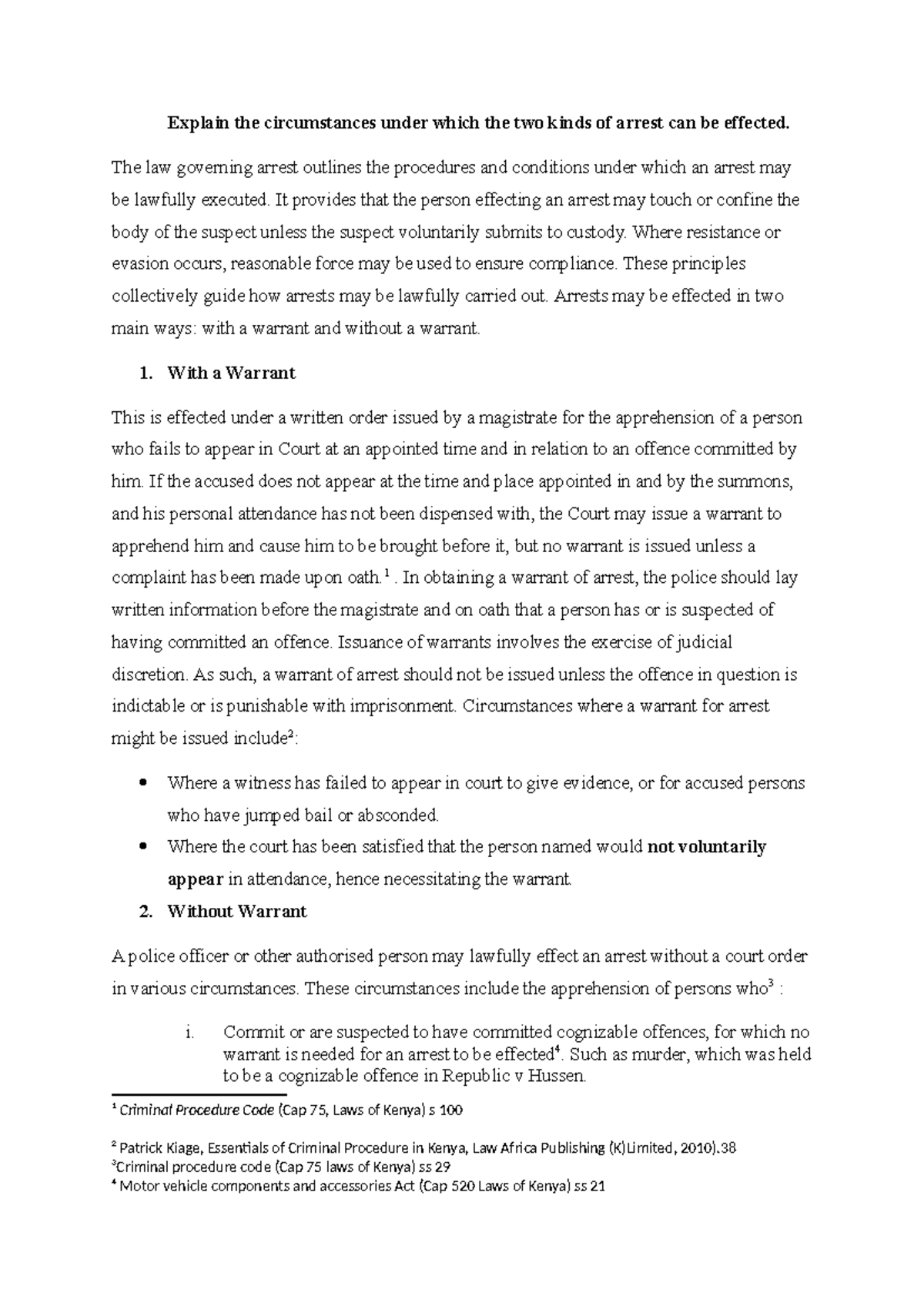 Circumstances of Effecting Arrests: Warrant vs. No Warrant - Studocu