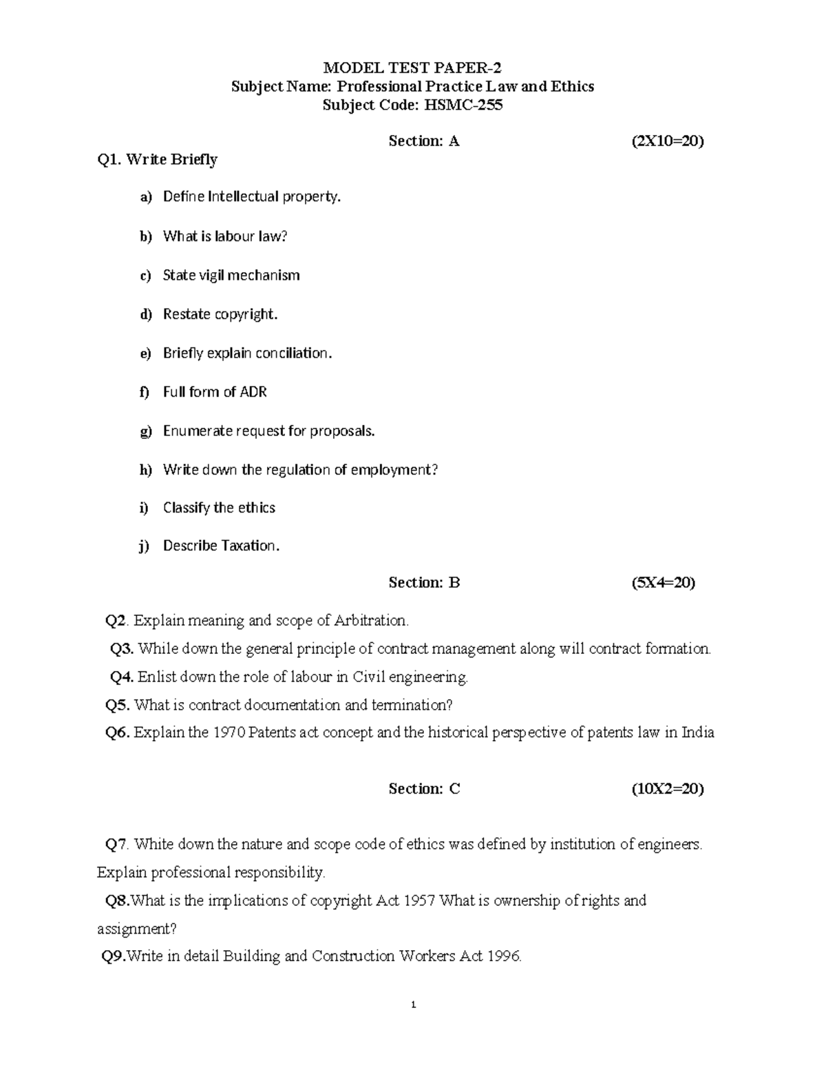 PPLE 2 - Model Test Paper on Law and Ethics Notes - Studocu