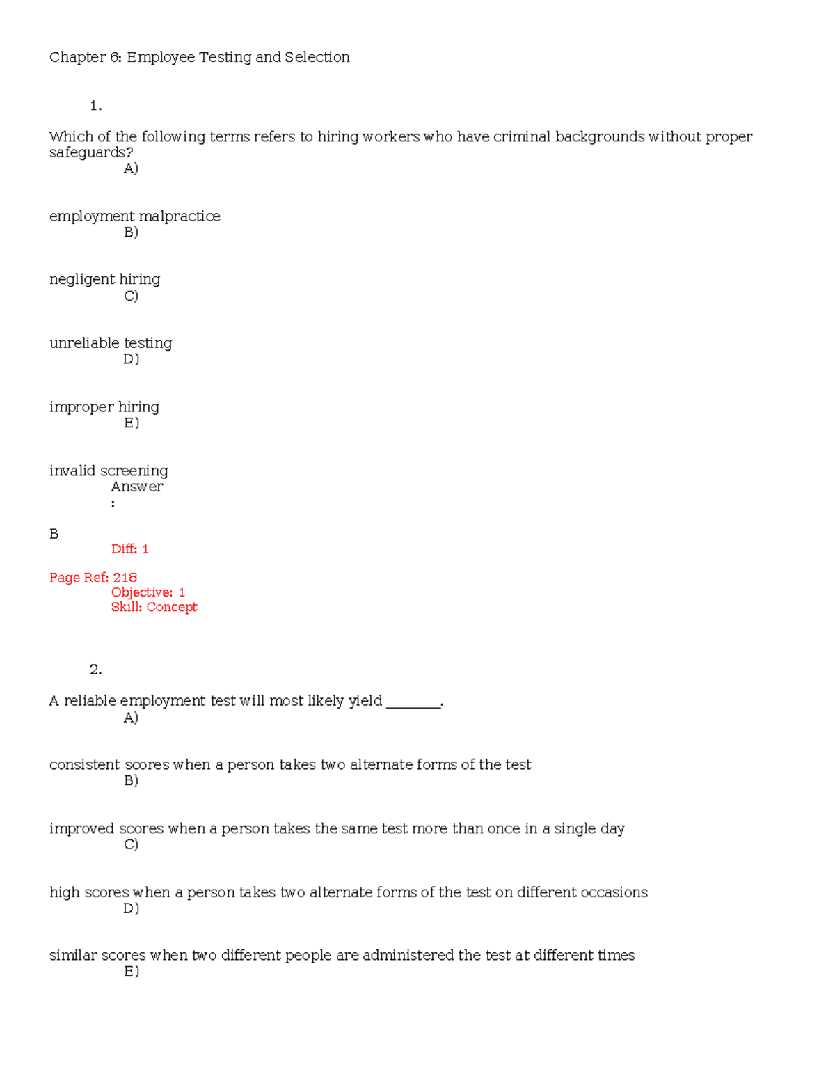 Chapter 6: HR Test Bank on Employee Testing and Selection - Studocu