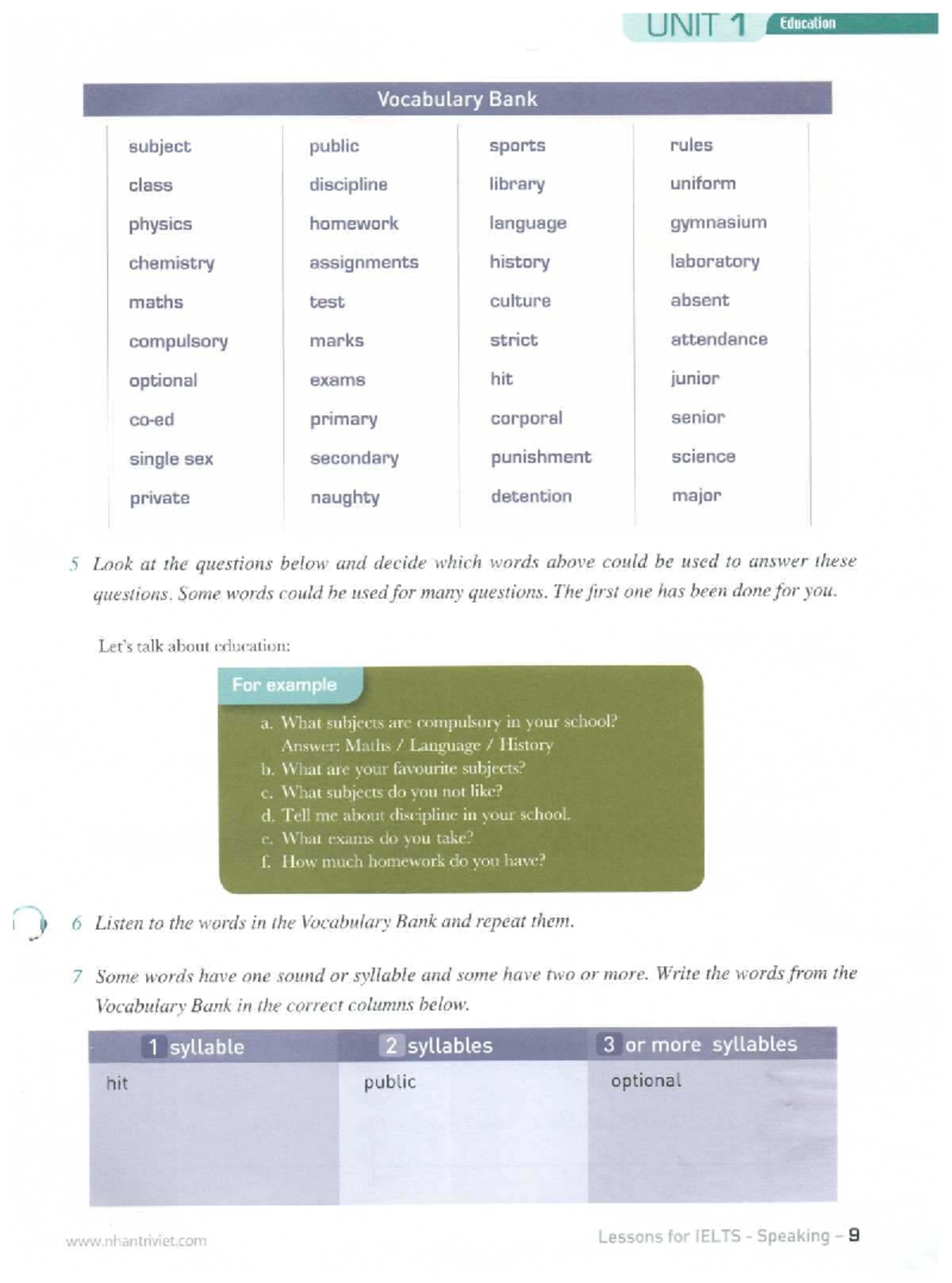 UNIT 1 Education Vocabulary Bank for IELTS Speaking Preparation - Studocu