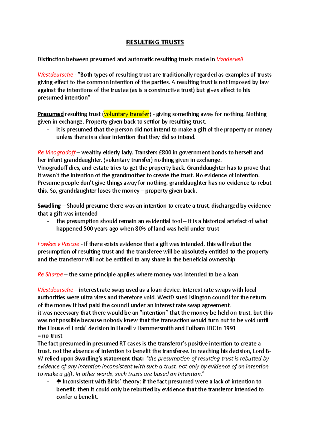 Resulting Trusts Revision Notes for Law 101: Principles & Cases - Studocu