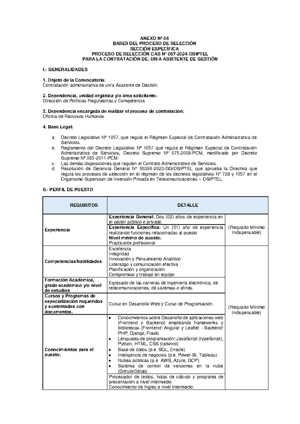 Bases Específicas del Proceso de Selección CAS N° 067 - 2024 - OSIPTEL ...