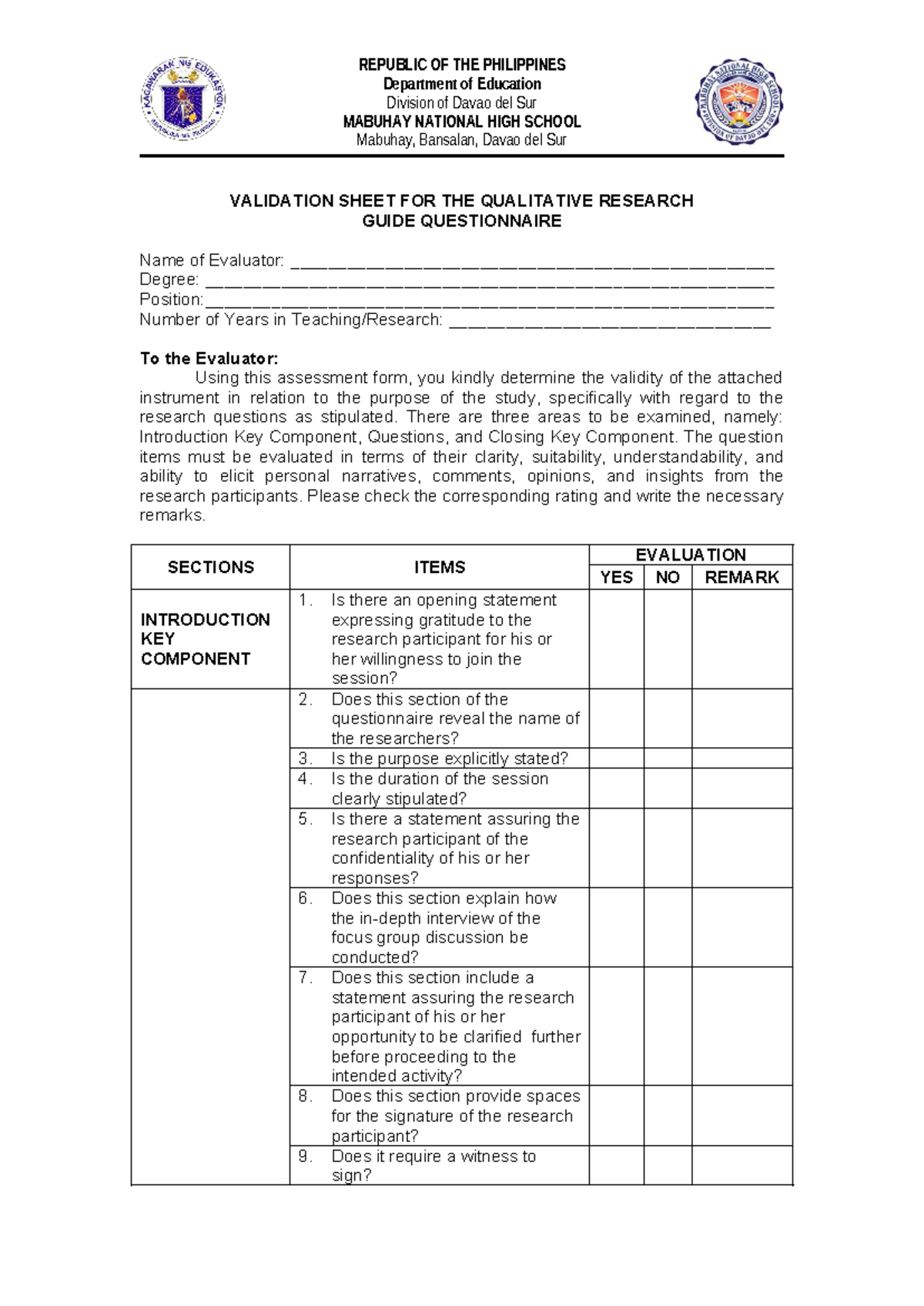 Validation Sheet for Qualitative Research Guide Questionnaire - MABUHAY ...