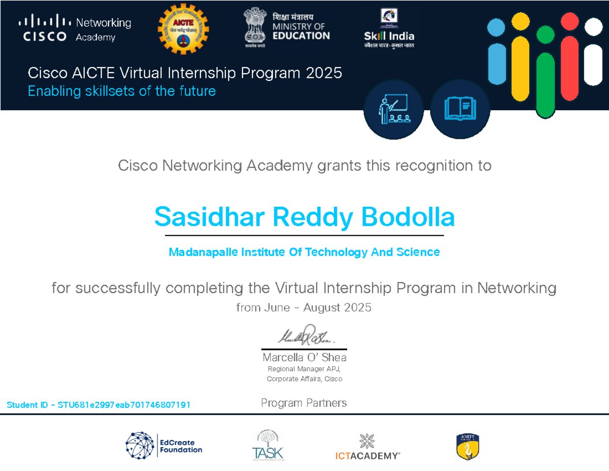 Sasidhar Reddy Bodolla - Computer Science and Technology - Cisco AICTE ...