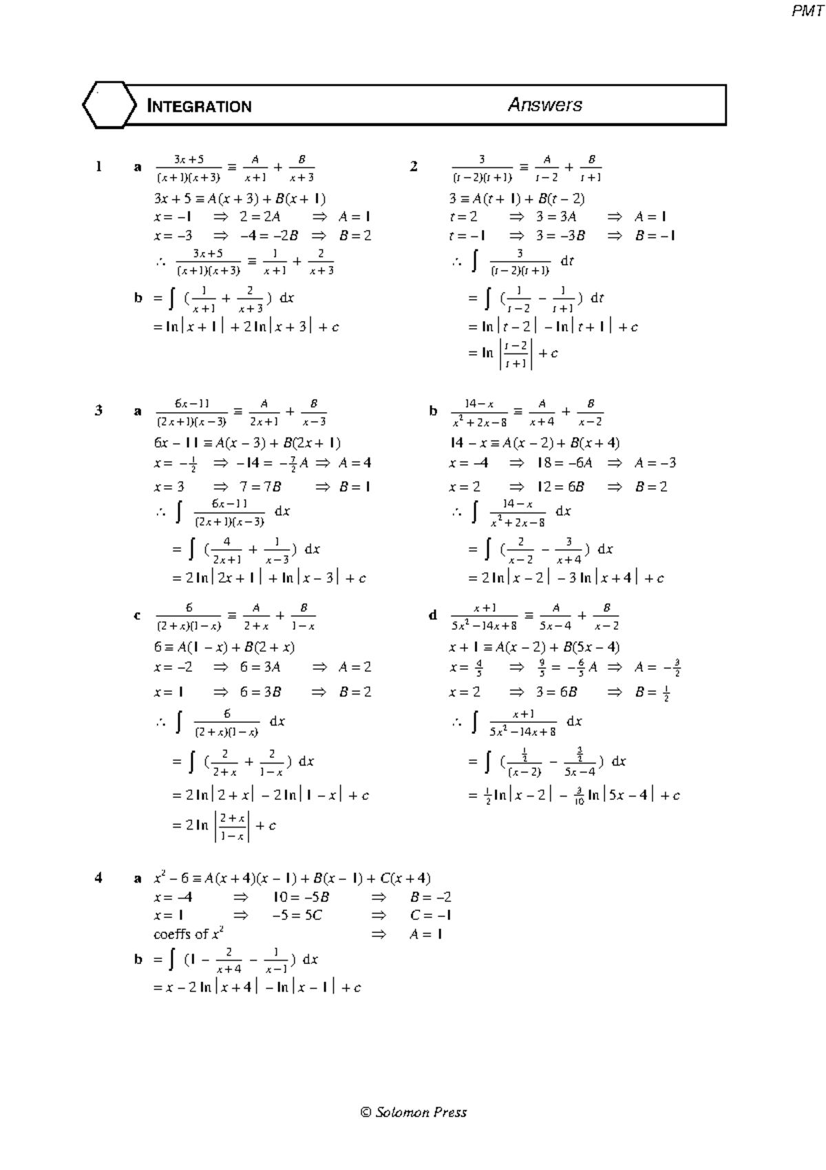 PMT Answers: Integration Using Partial Fractions - Studocu