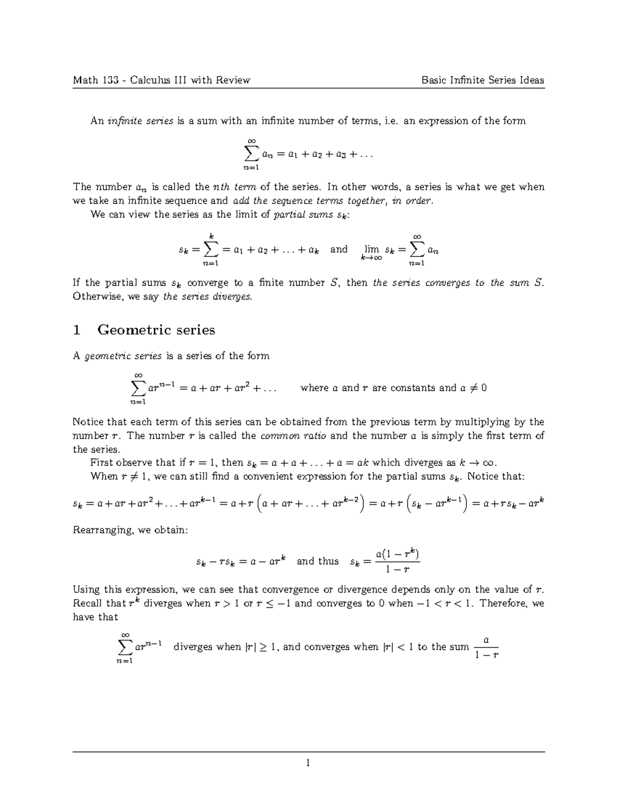 Series - MATH 133 LECTURE NOTES AND EXAMPLES - Math 133 - Calculus III ...
