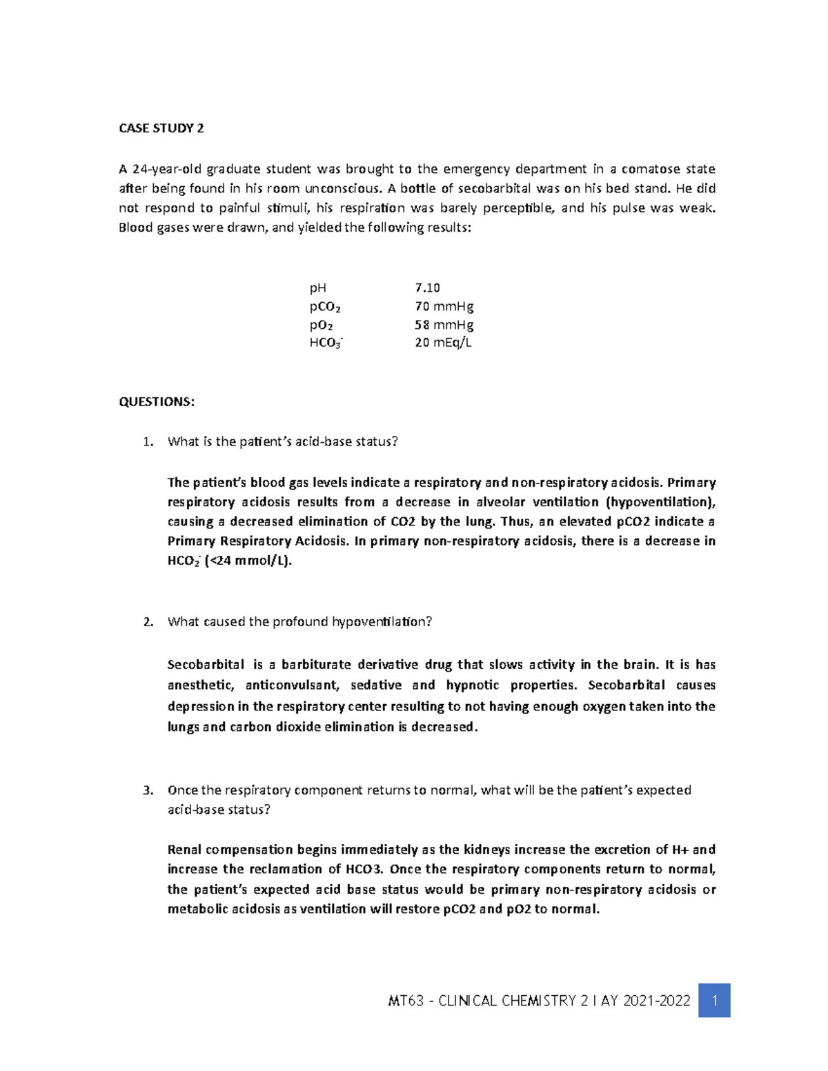 MT63 - CASE Study 2: Patient Acid-Base Status Analysis - Studocu