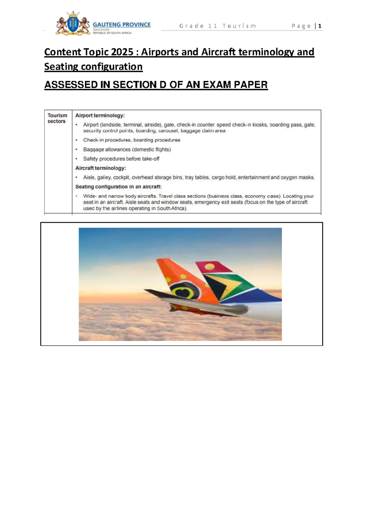 Grade 11 Tourism: Aircraft Terminology & Seating Configurations 2025 ...