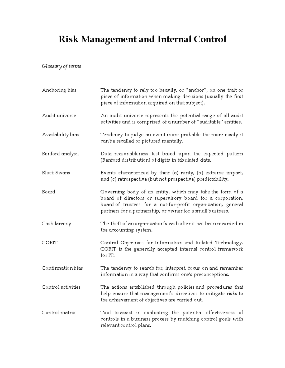 Risk Management and Internal Control Terms Glossary - Studocu