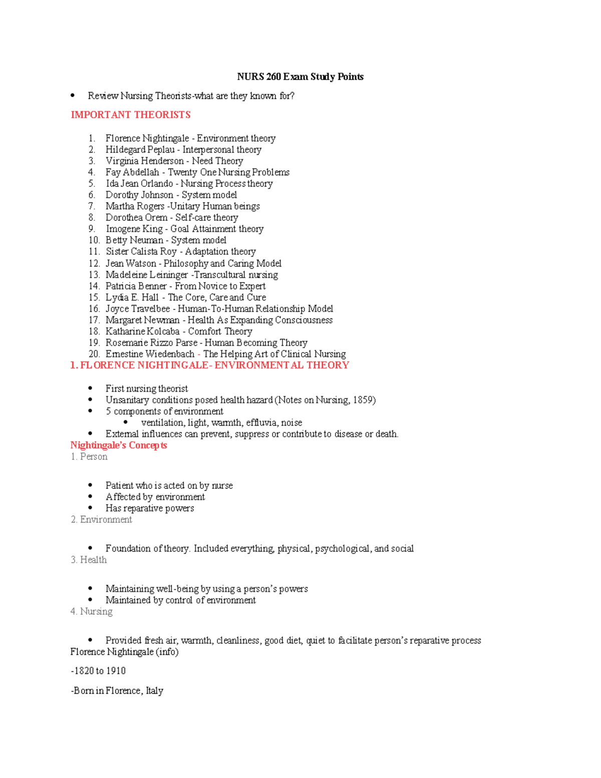 NURS 260 Final Exam Study Guide: Key Nursing Theorists & Concepts - Studocu