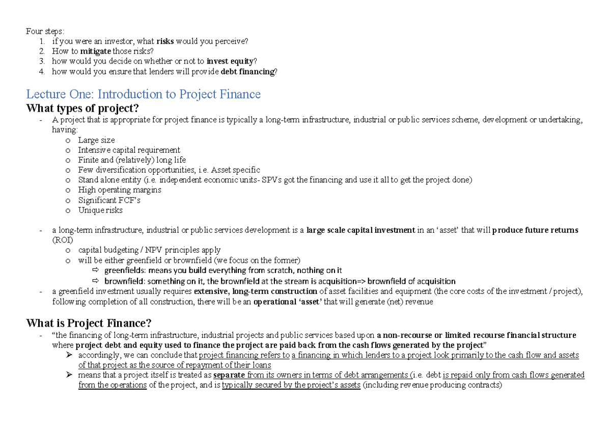 Project Finance (COURSE CODE) Comprehensive Lecture Notes - Studocu