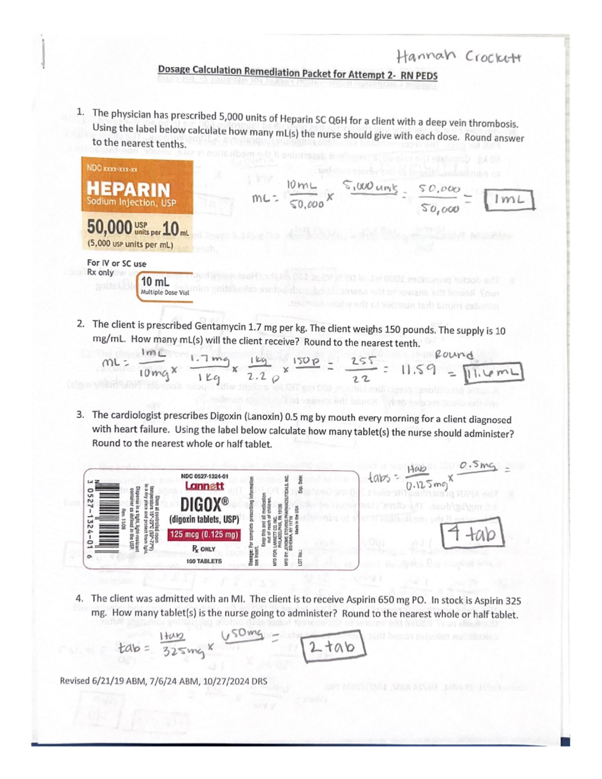 Dosage Calculation Remediation Packet for Attempt 2 RN PEDS - Studocu