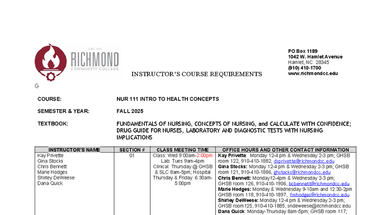 NUR 111 Intro to Health Concepts - Course Requirements & Schedule 2025 ...