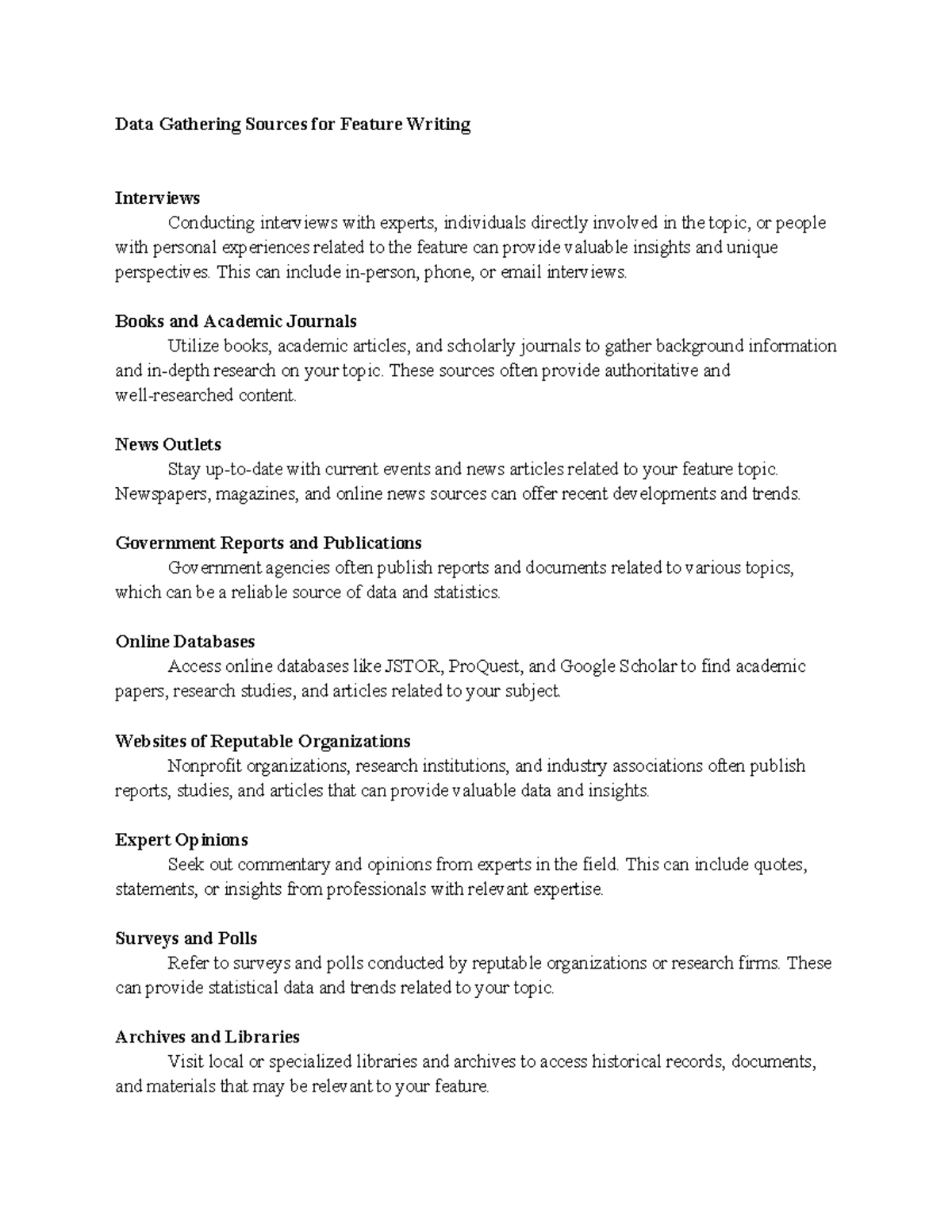 Data Gathering Sources for Feature Writing Notes 7 - Studocu