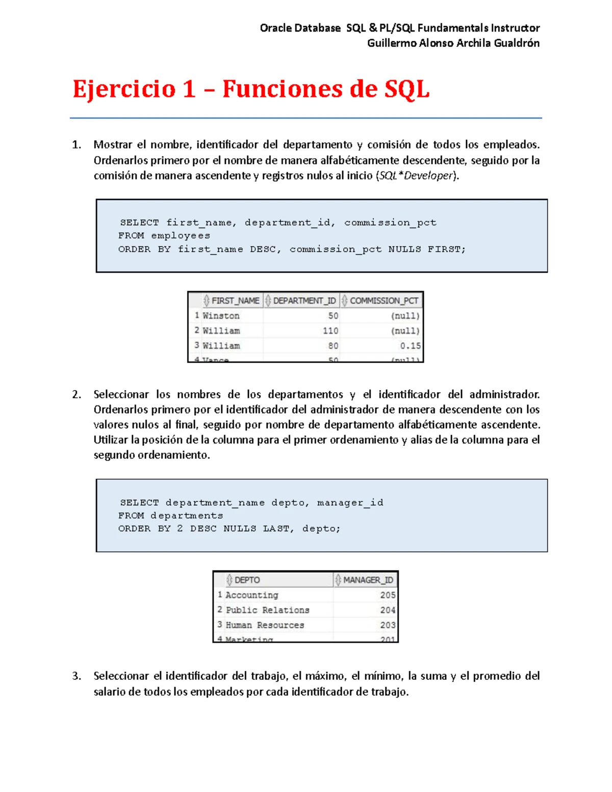 Ejercicios 3 de SQL Fundamentos en Oracle DB - Instructor Gualdrón ...