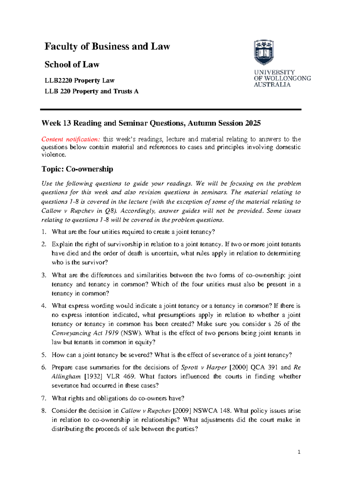 Week 13 2025 Seminar Questions - Co-Ownership in Property Law LLB 220 ...