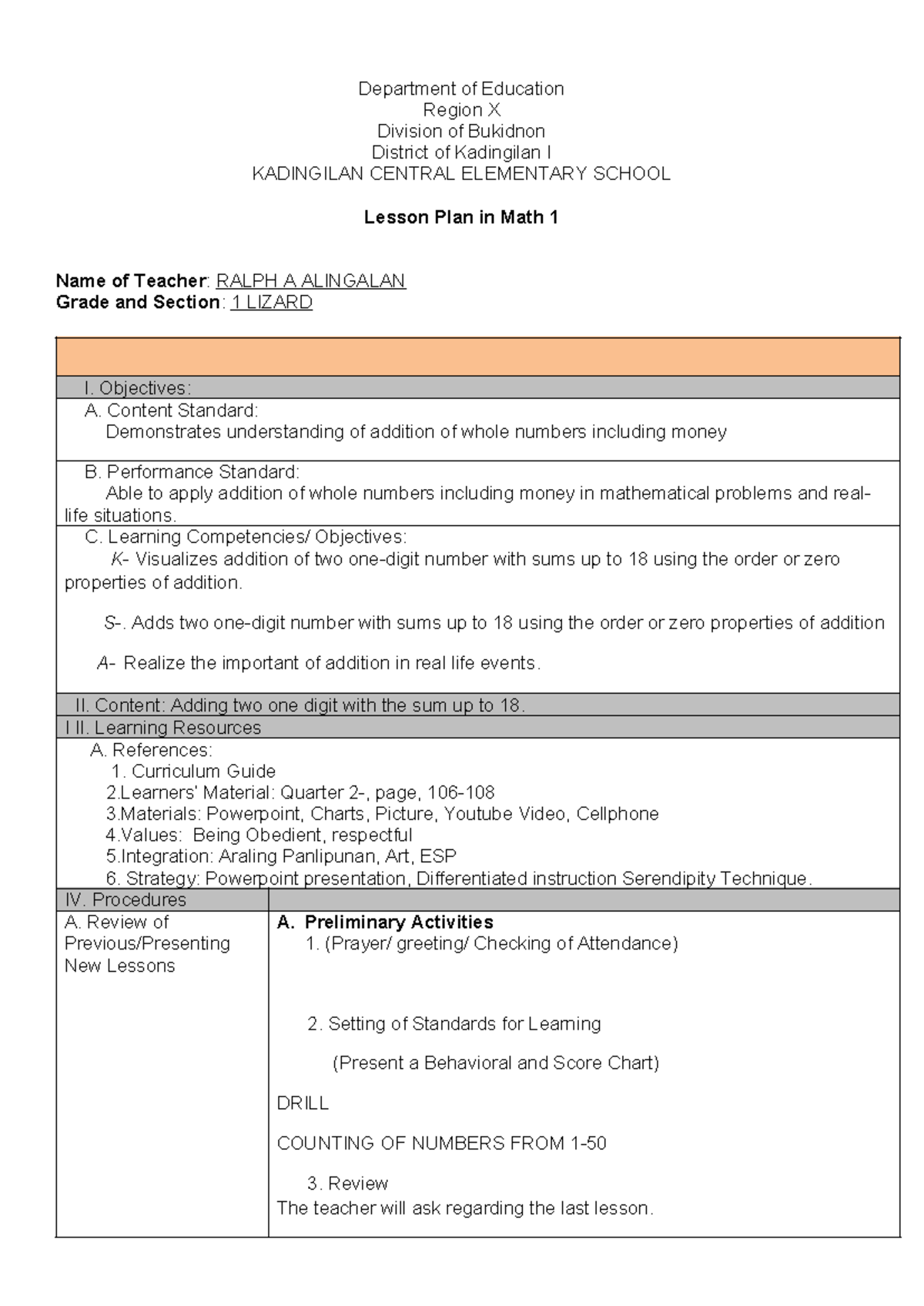 Grade 1 Math Lesson Plan: Understanding Addition Concepts - Studocu