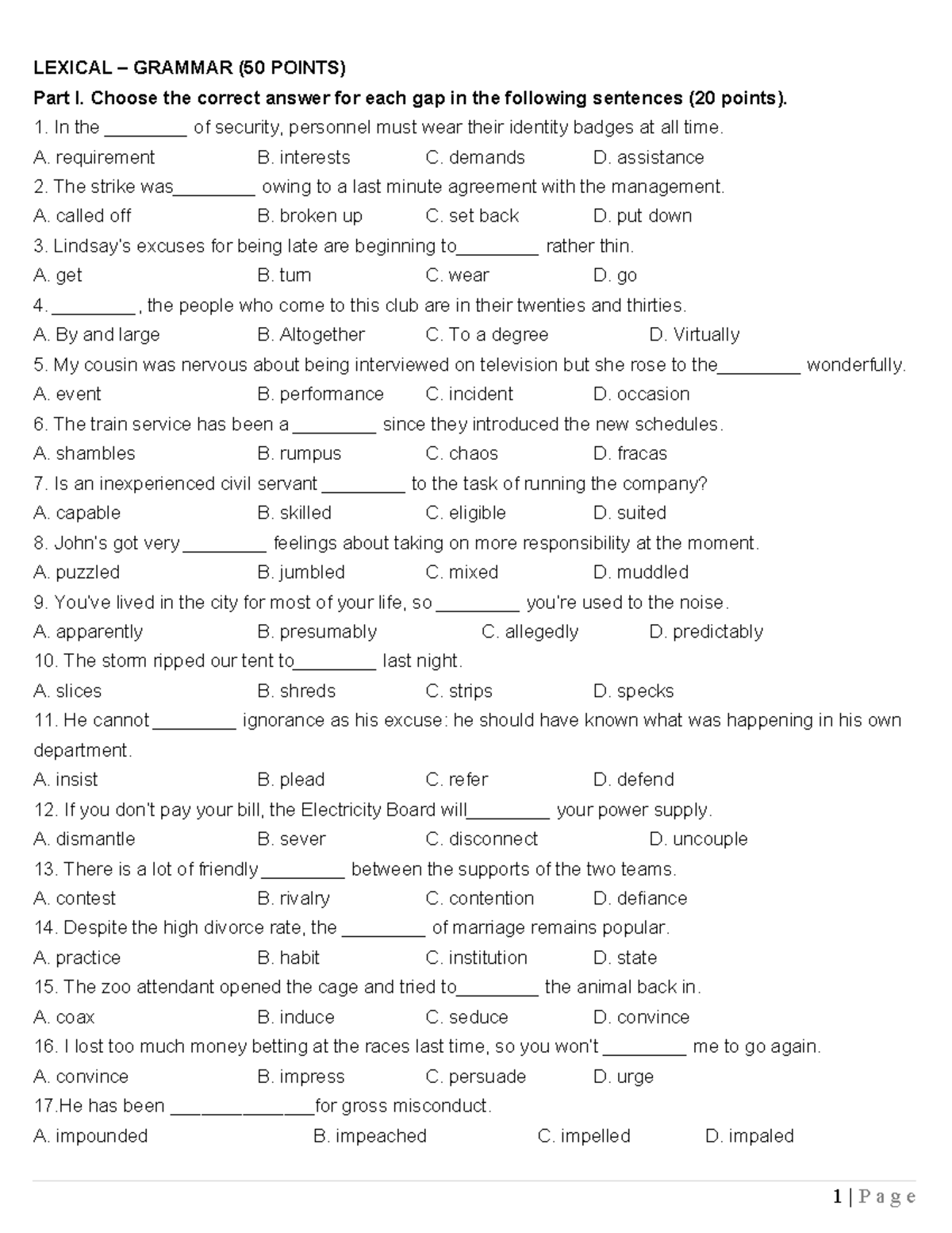 LEXICAL GRAMMAR QUIZ (50 POINTS) - Practice Questions and Answers - Studocu