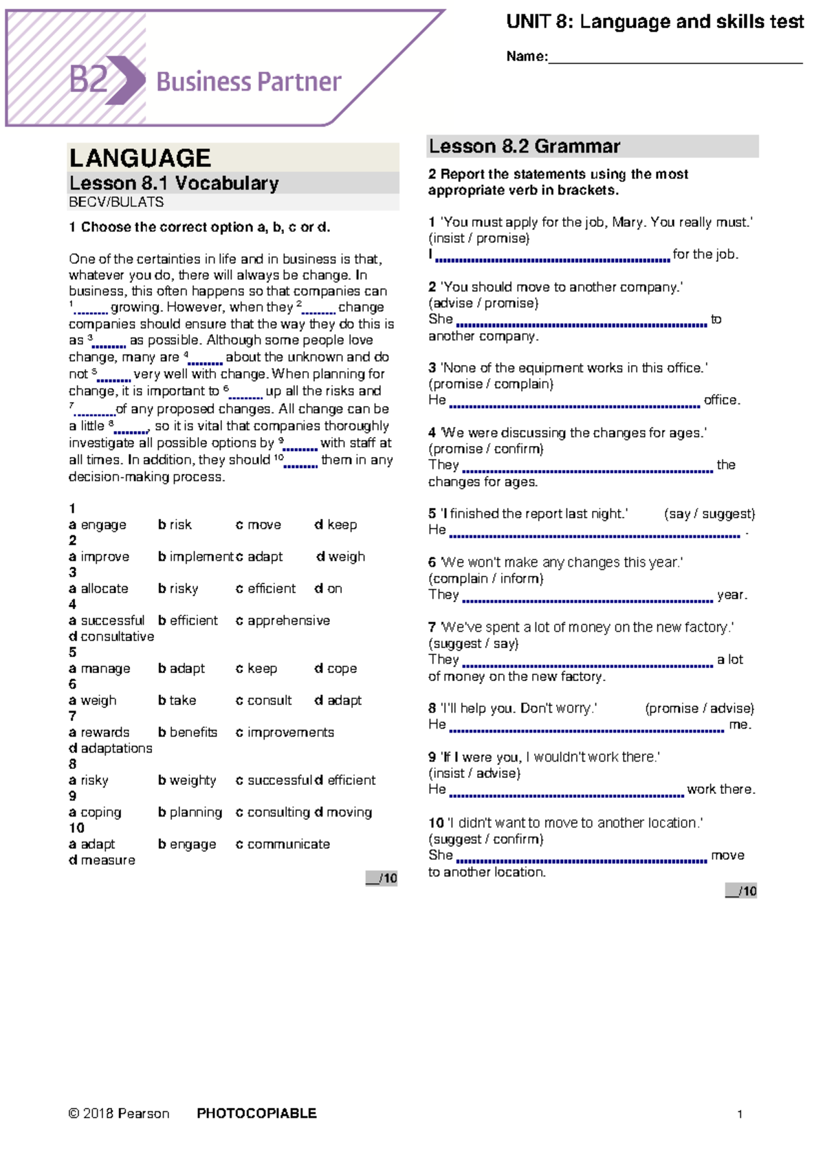 Bp B2 Tests Unit 8 Vocabulary Grammar Functional Lang Studocu