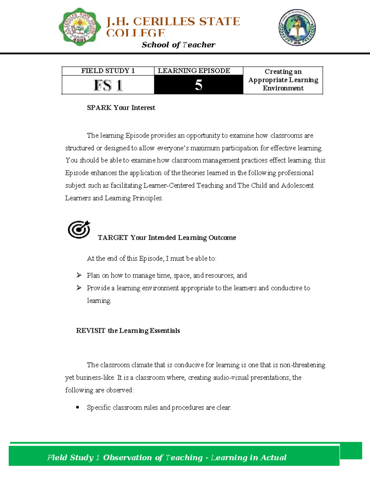 Field Study 1: Learning Episode 5 - Creating an Effective Classroom ...