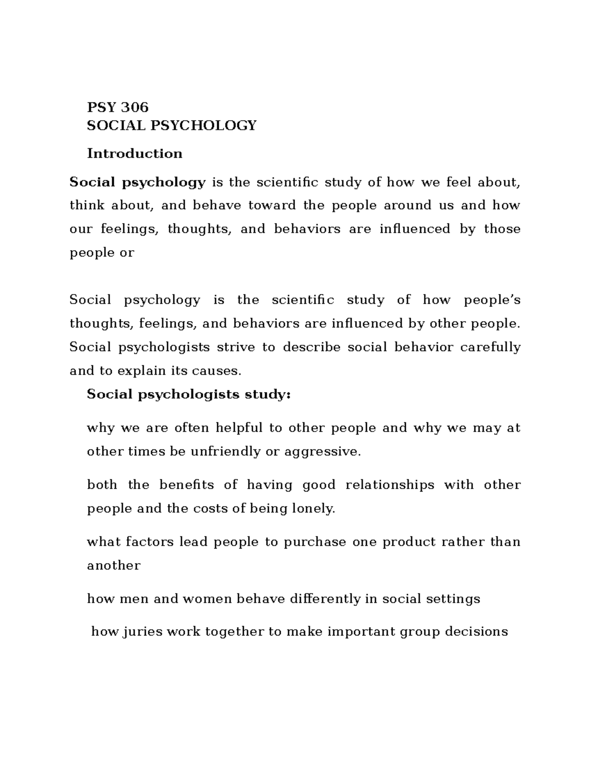 PSY 306: Lesson 1 & 2 - Intro to Social Psychology Notes - Studocu