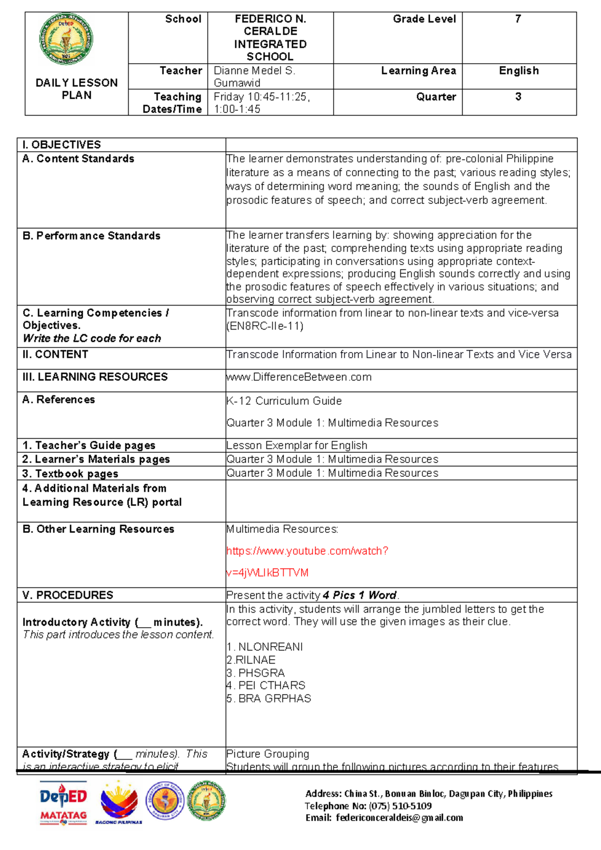 DLP Gr. 7tues - sample for reference - Address: China St., Bonuan ...