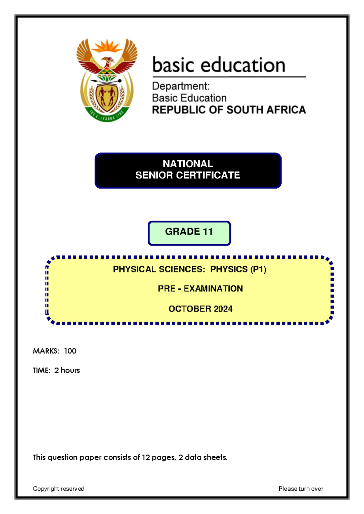 Grade 11 PHSC P1 Pre-Exam Paper - October 2024 - Studocu