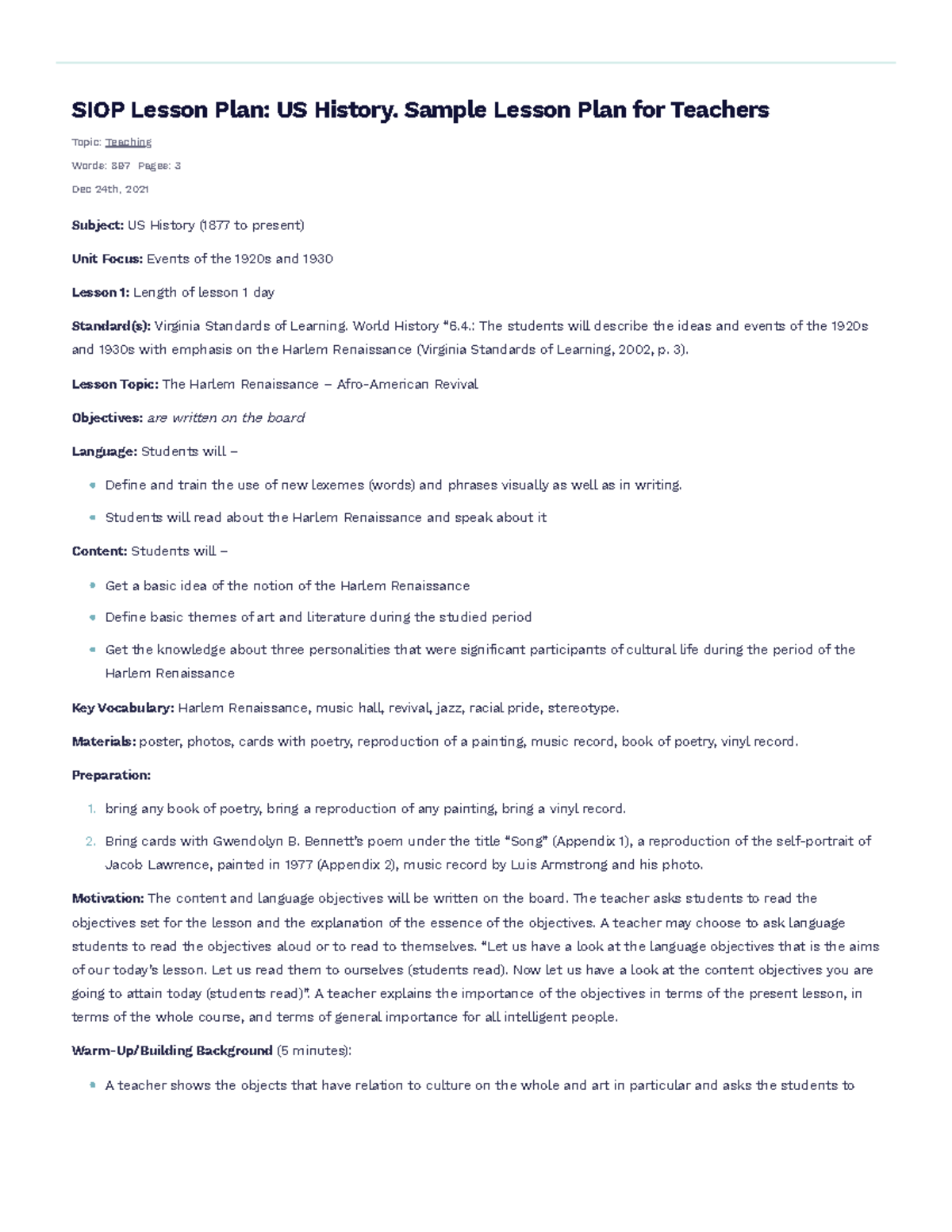 SIOP Lesson Plan- US History. Sample Lesson Plan for Teachers Free ...