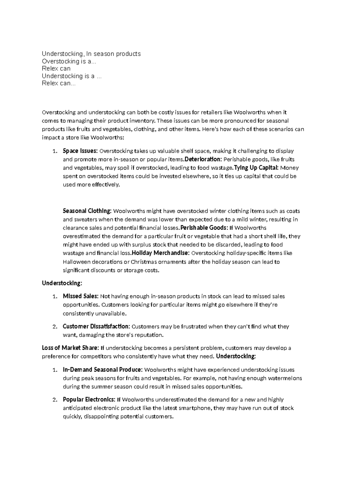 Understocking notes - Understocking, In season products Overstocking is ...