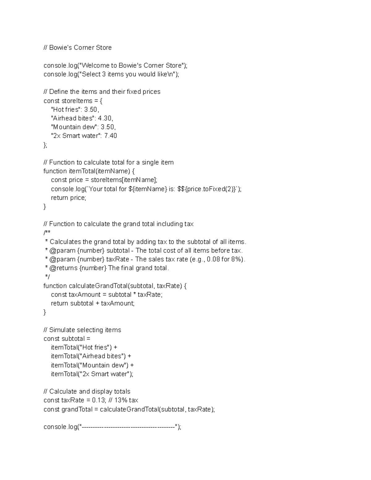 CS101: Corner Store Item Pricing and Total Calculation Code - Studocu