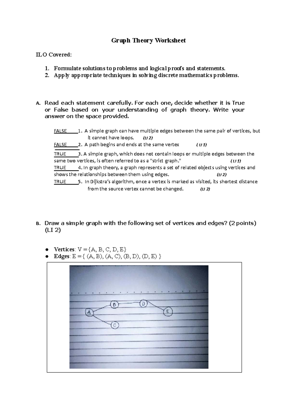 Graph Theory Worksheet - Activity on True/False Statements - Studocu