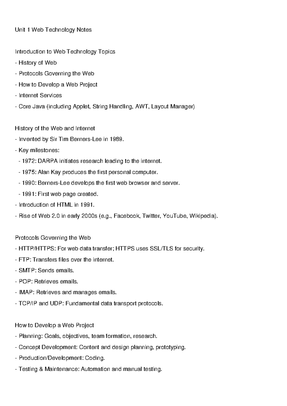 Unit 1 Web Technology Notes: History, Protocols, and Core Java Overview ...