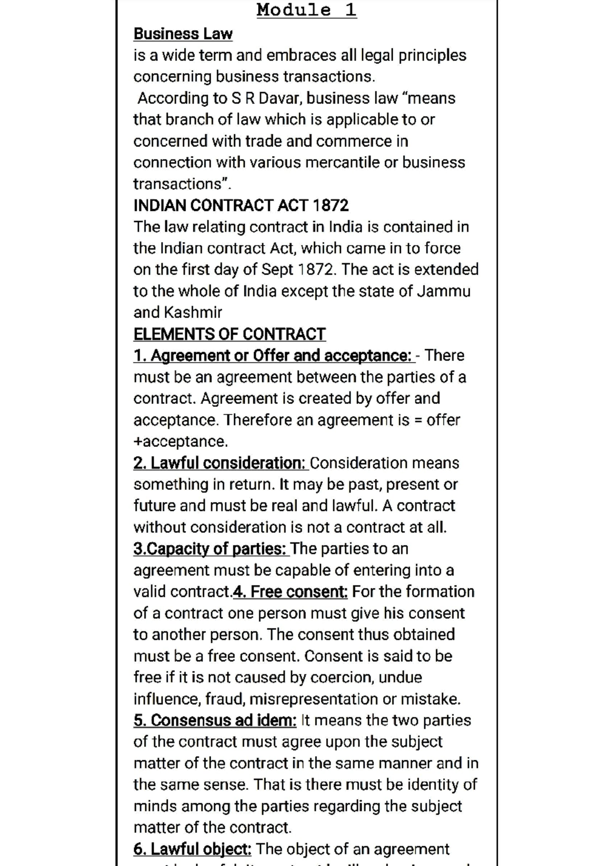 Business Law: Key Concepts of Indian Contract ACT 1872 (Module 1) - Studocu