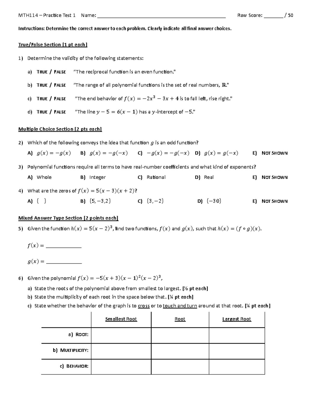 MTH114 – Practice Test 1: Review Questions & Solutions Guide - Studocu