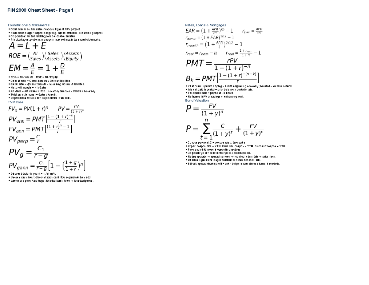 FIN2000 Cheat Sheet: Key Financial Equations & Concepts - Studocu