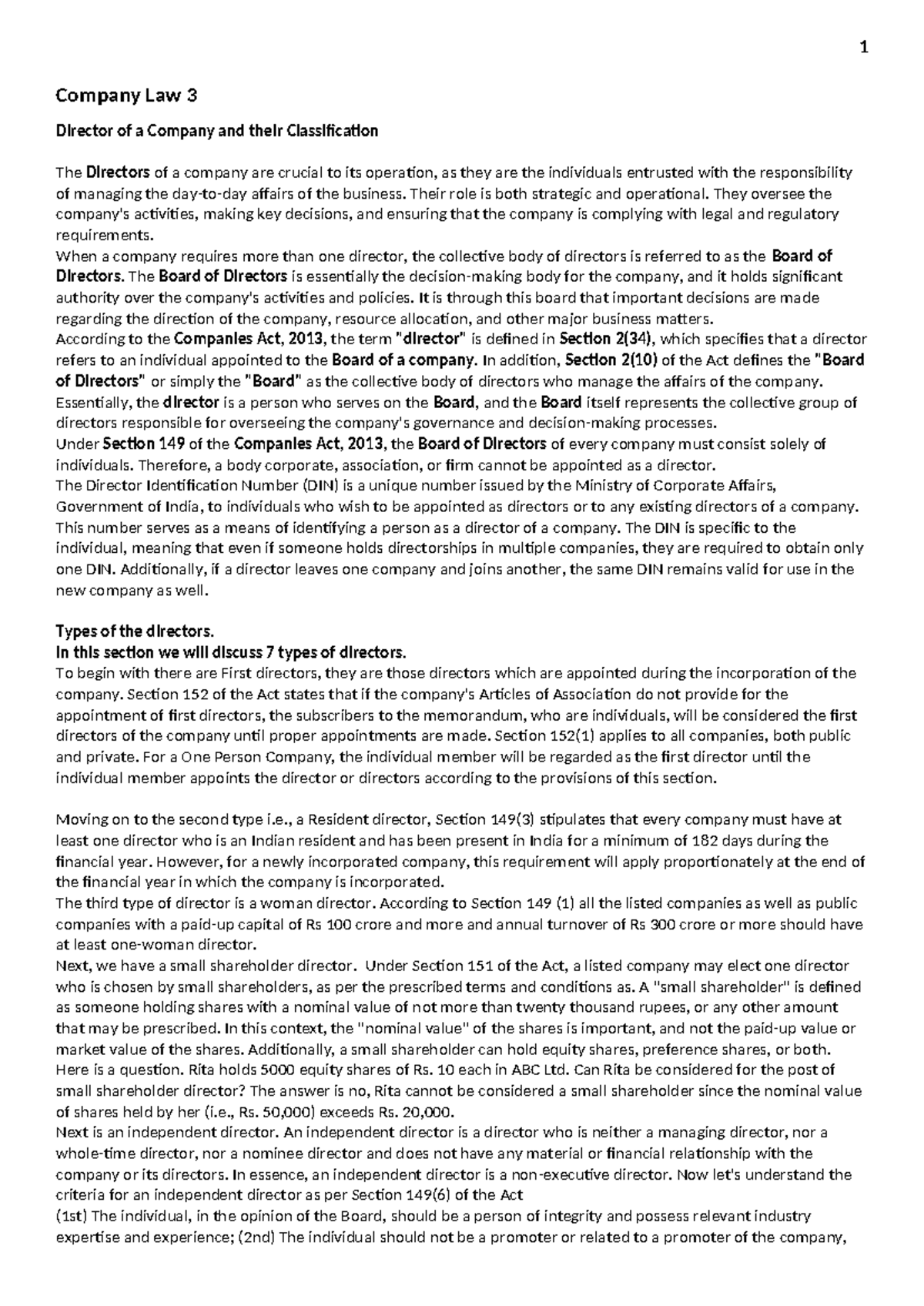 Company Law 3: Directors and Their Classifications Explained - Studocu