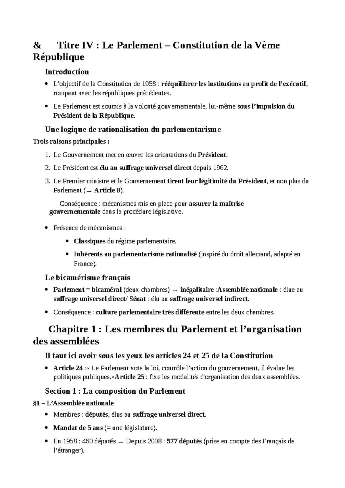 Titre IV : Le Parlement sous la Vème République - Aide pour S2 - Studocu