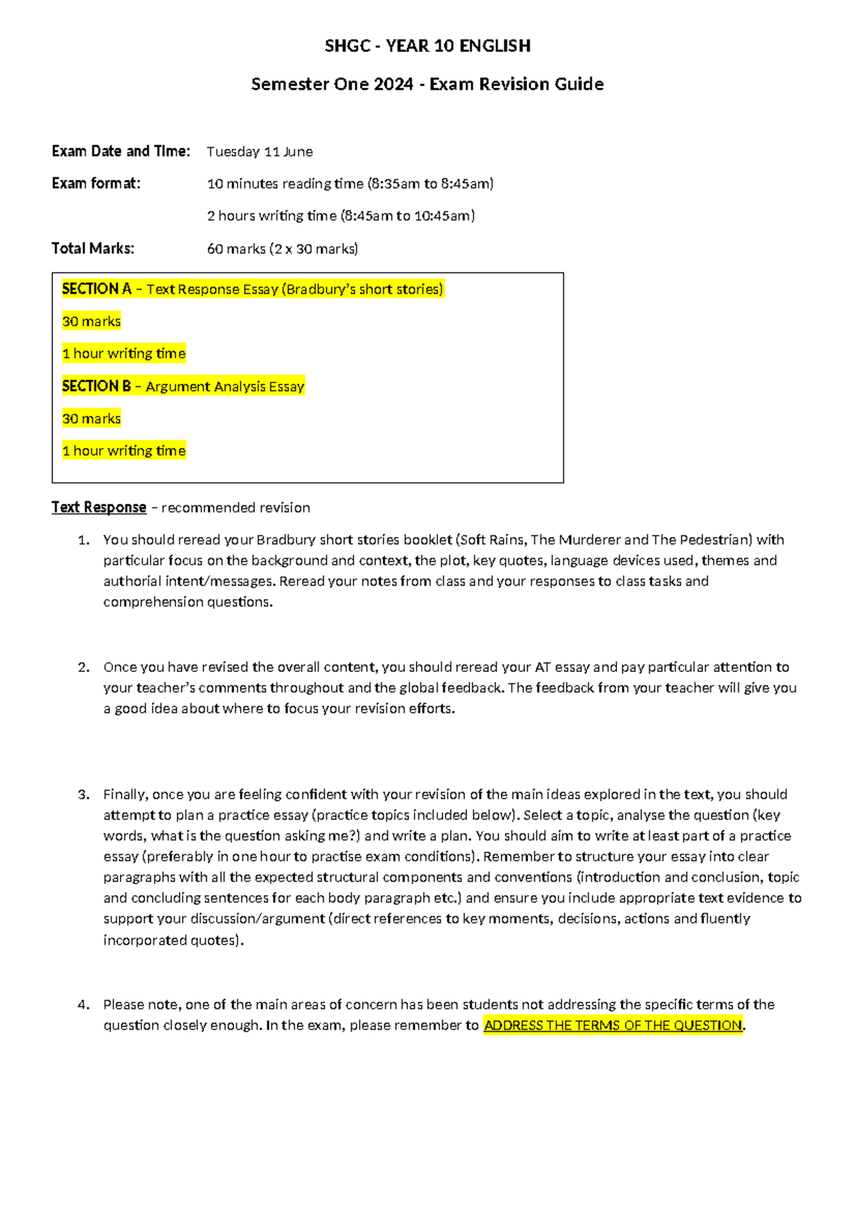 SHGC YEAR 10 ENGLISH Semester 1 2024 Exam Revision Guide - Studocu