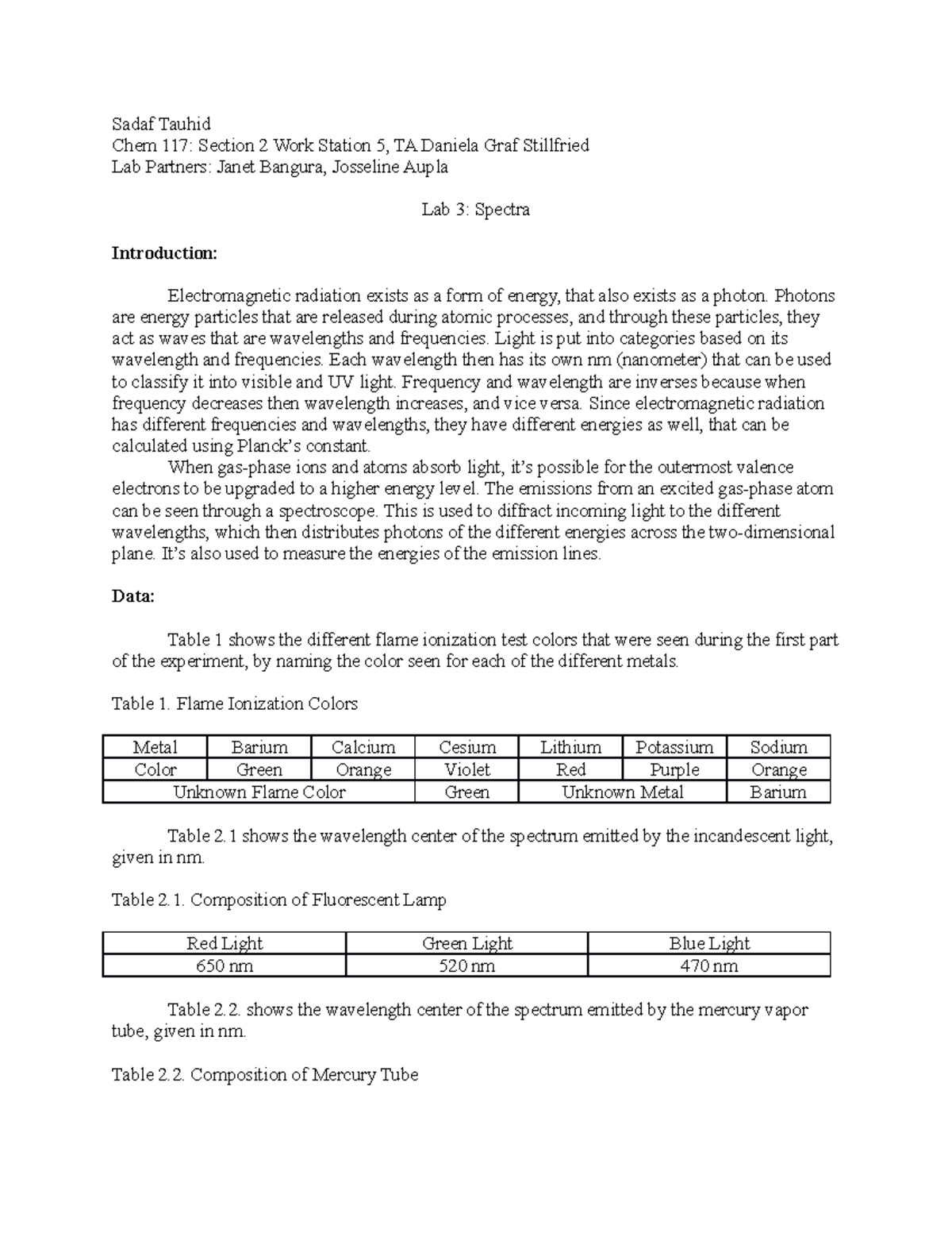 CHEM 117 Lab 3 - Report on Spectroscopy and Emission Spectra Analysis ...