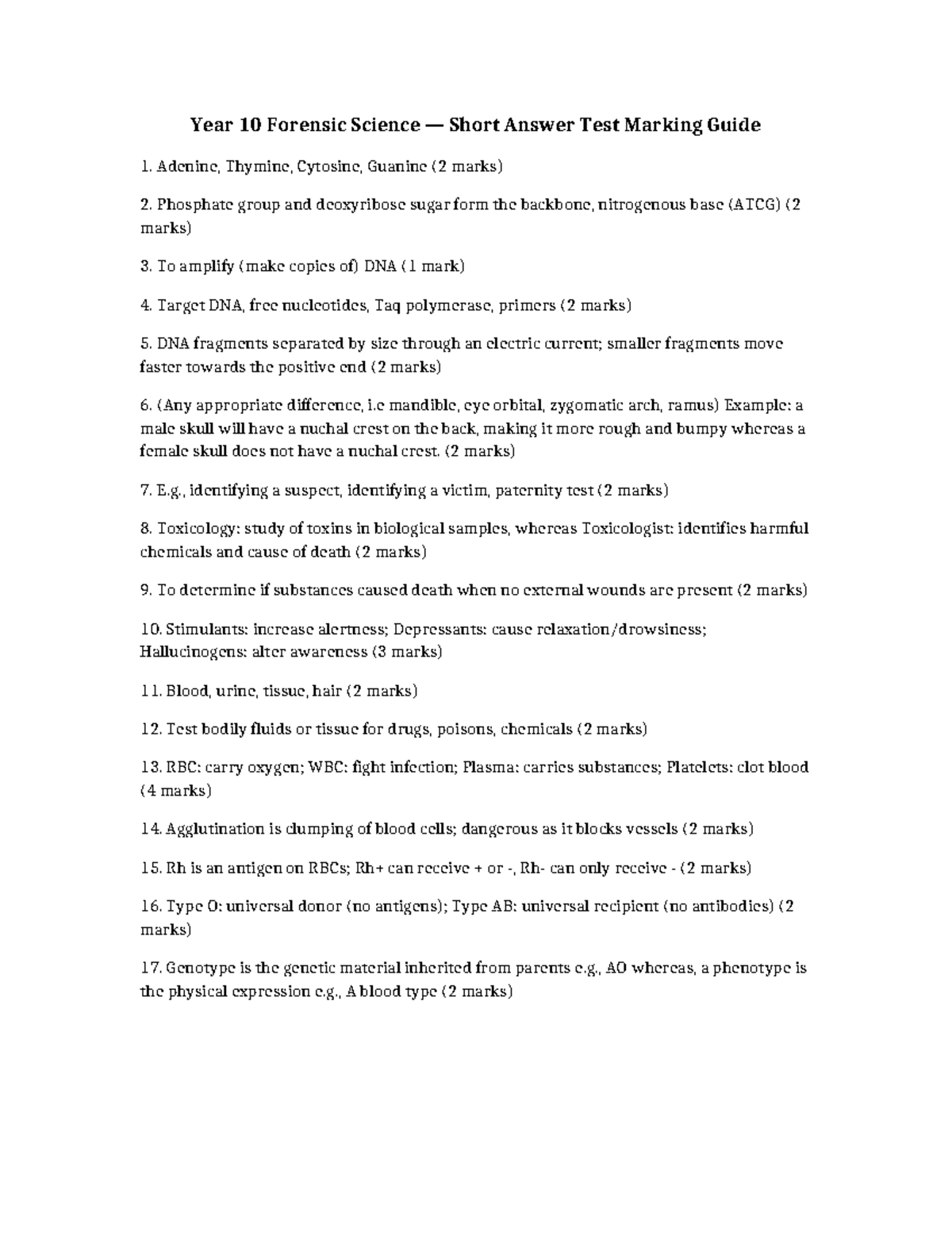 Year 10 Forensic Science Short Answer Test Marking Guide - Studocu