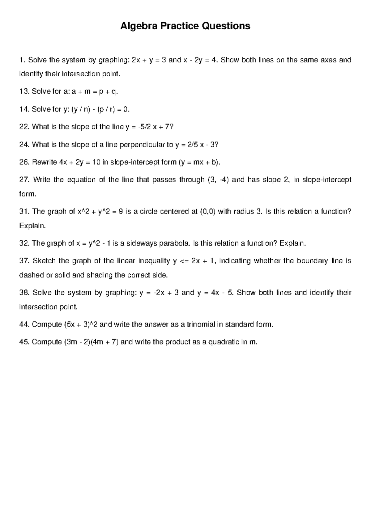 Algebra Practice Questions: Graphing & Slope Problems - Studocu
