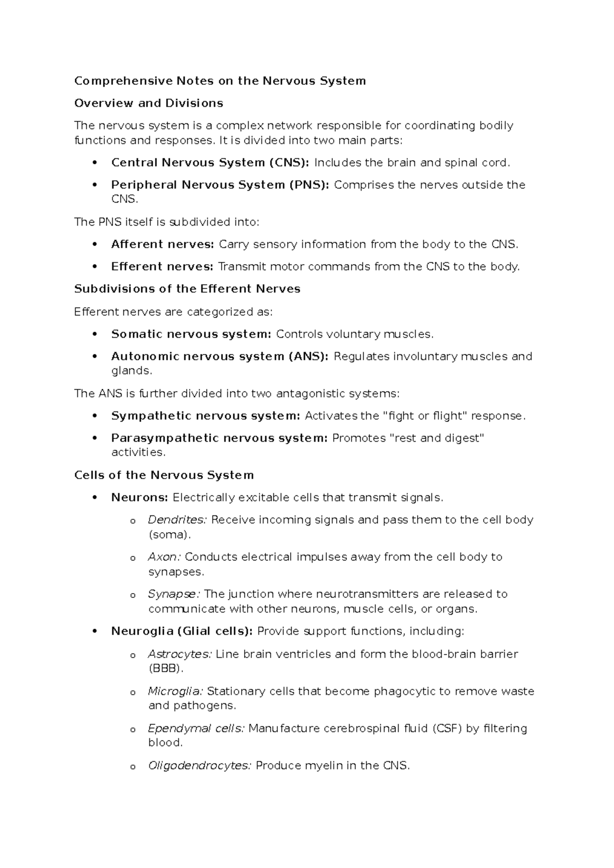 Comprehensive Notes on the Nervous System (BIO 101) - Studocu