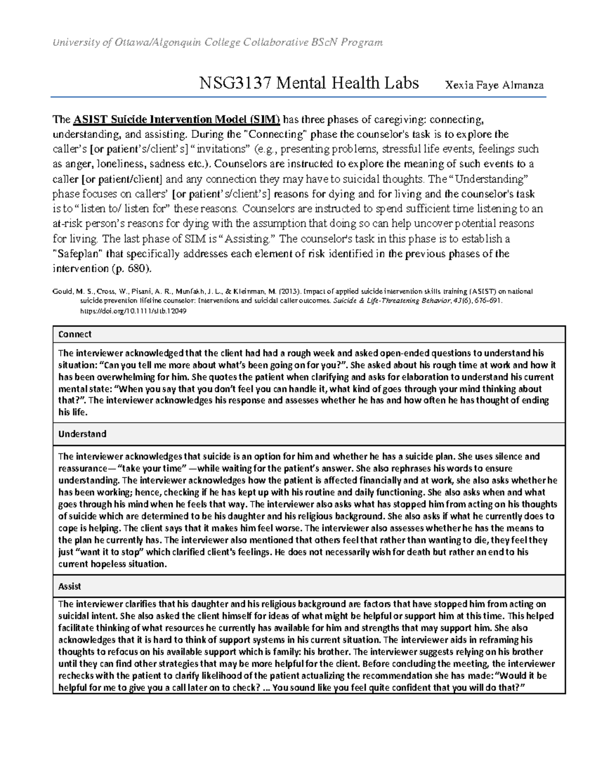 22W NSG3137 ASIST Suicide Intervention Model Worksheet & Analysis - Studocu
