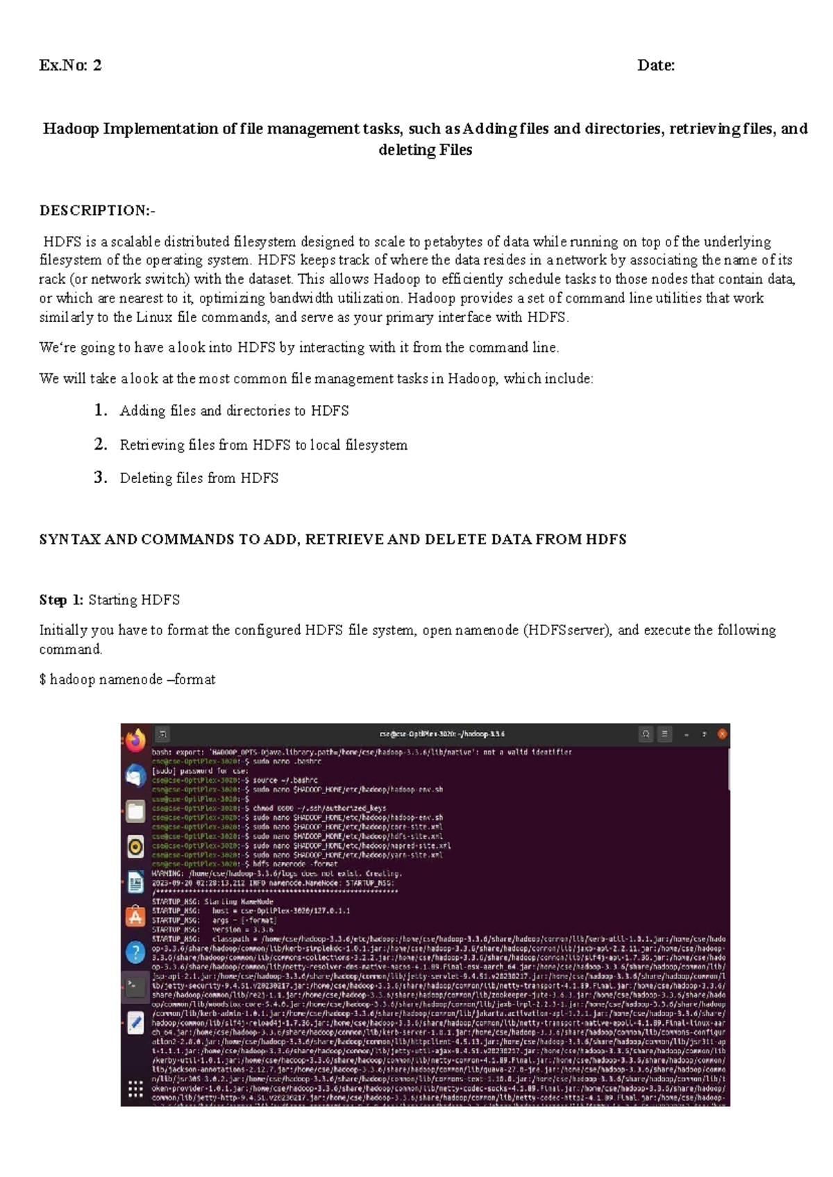 BD 2 - HDFS File Management: Add, Retrieve & Delete Tasks Guide - Studocu