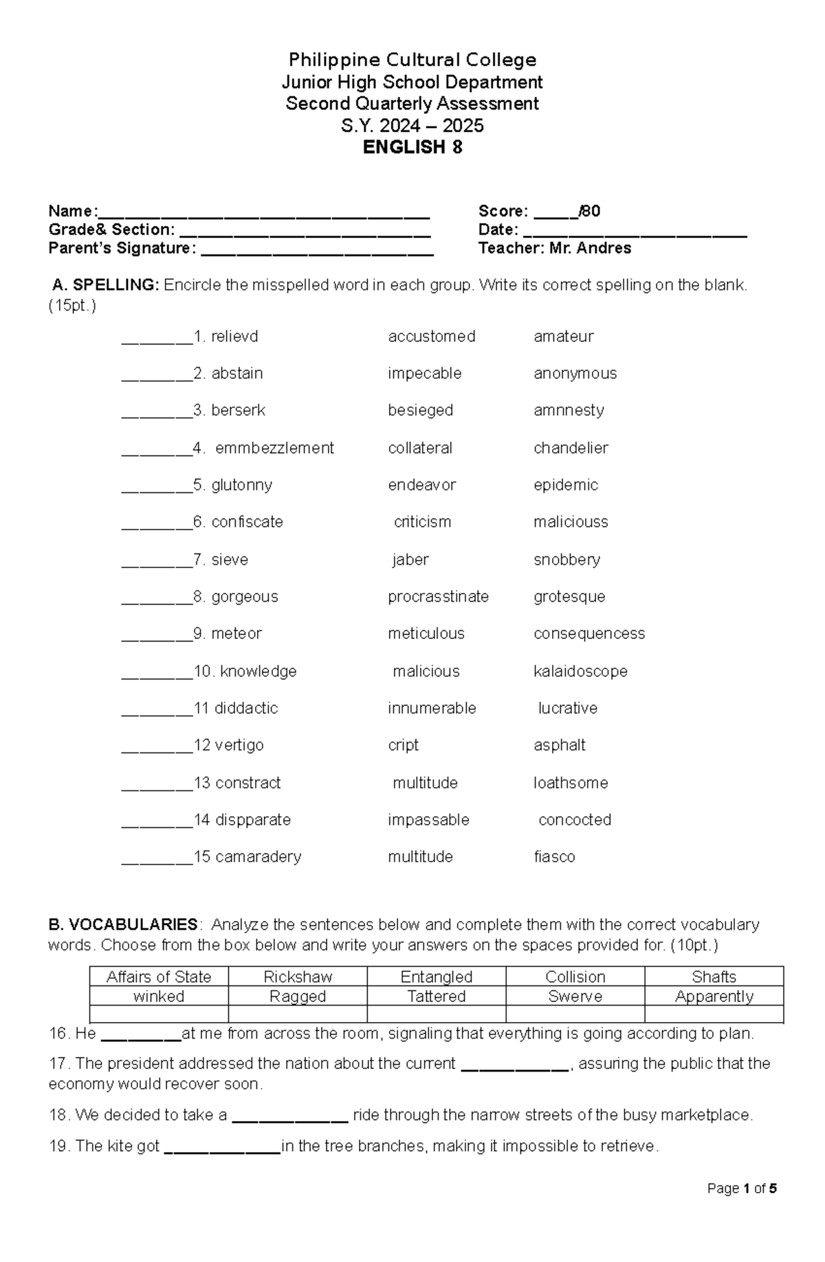 Grade 8 ENGLISH 8 2ND Quarter Assessment - QA Document - Studocu