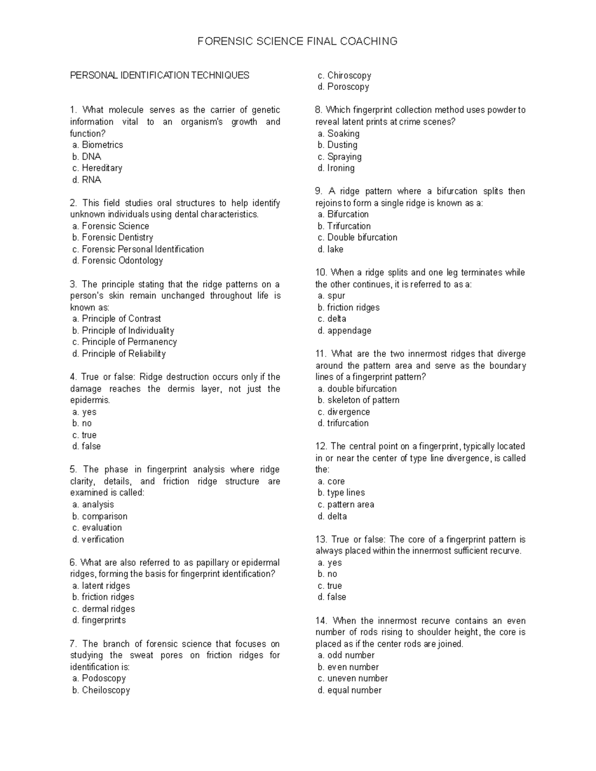 FS 101: Final Exam Review on Personal Identification Techniques in ...