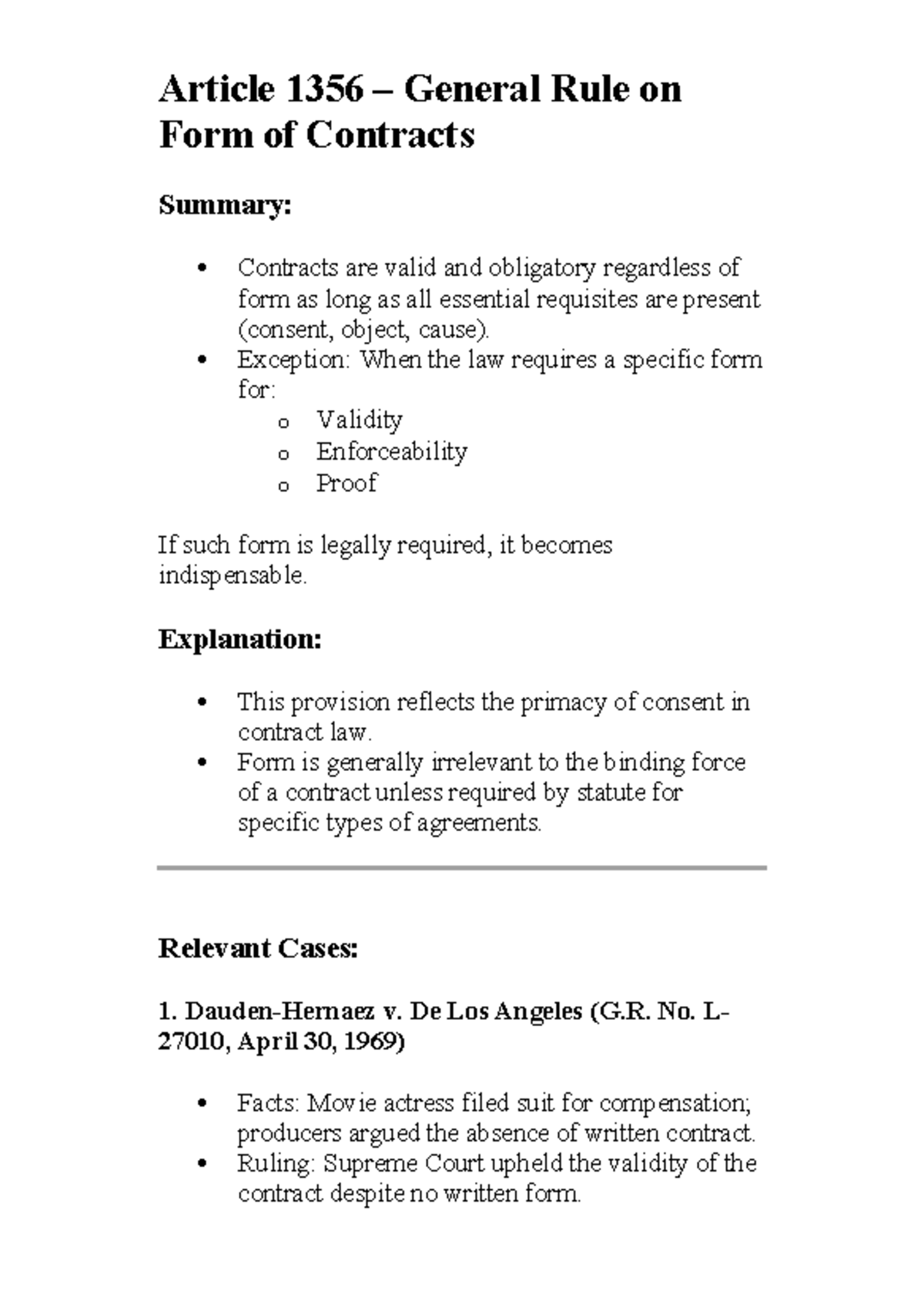 Contracts 5 - Article 1356 & 1357 Summary on Contract Forms - Studocu