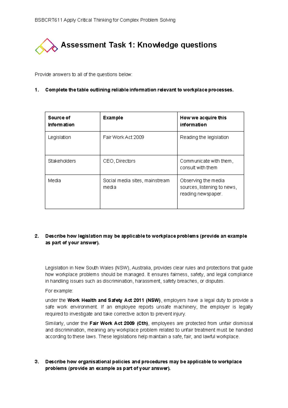 BSBCRT611 Critical Thinking for Complex Problem Solving Assessment Task ...