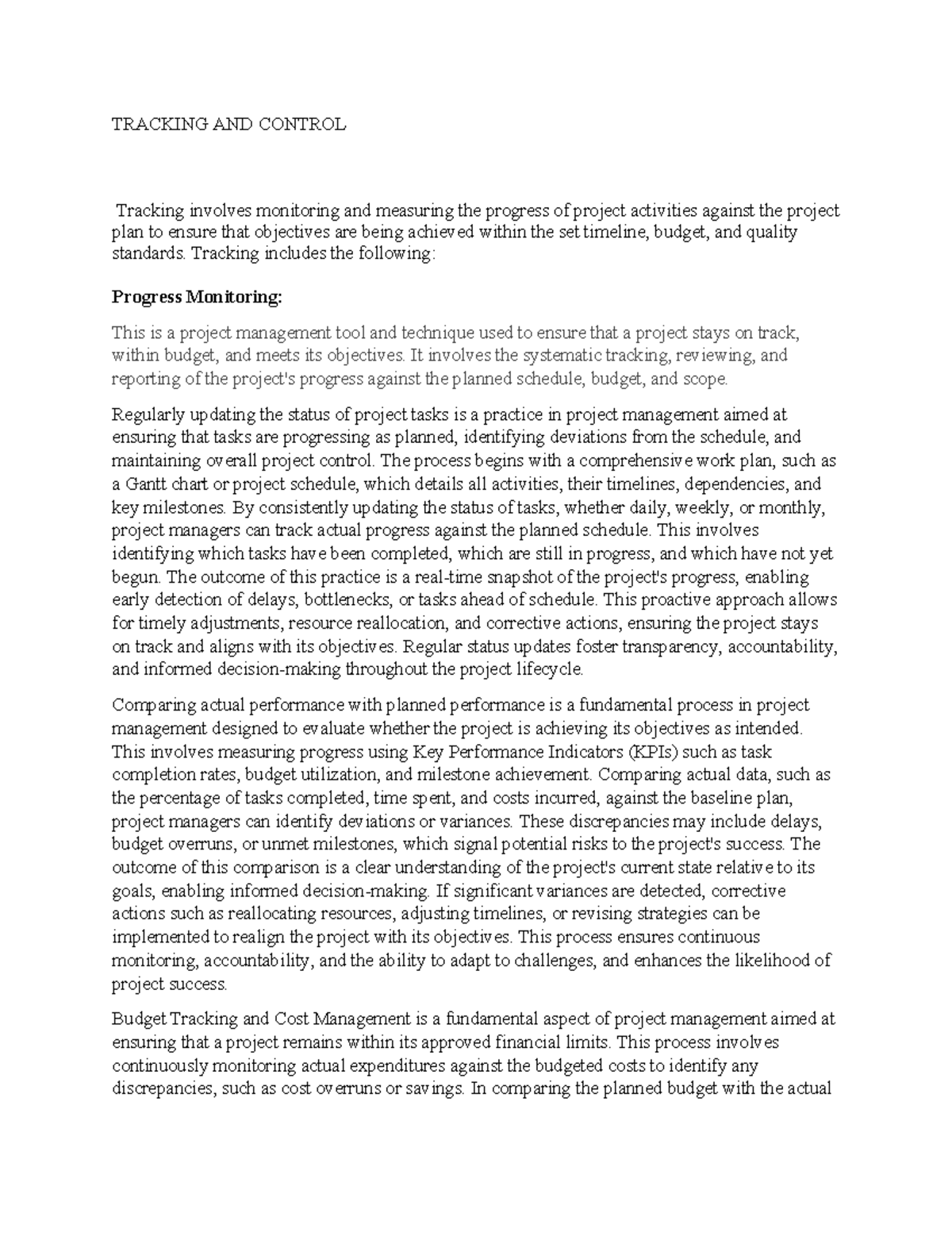 Tracking and Control - Project Management Lecture Notes (PM101) - Studocu