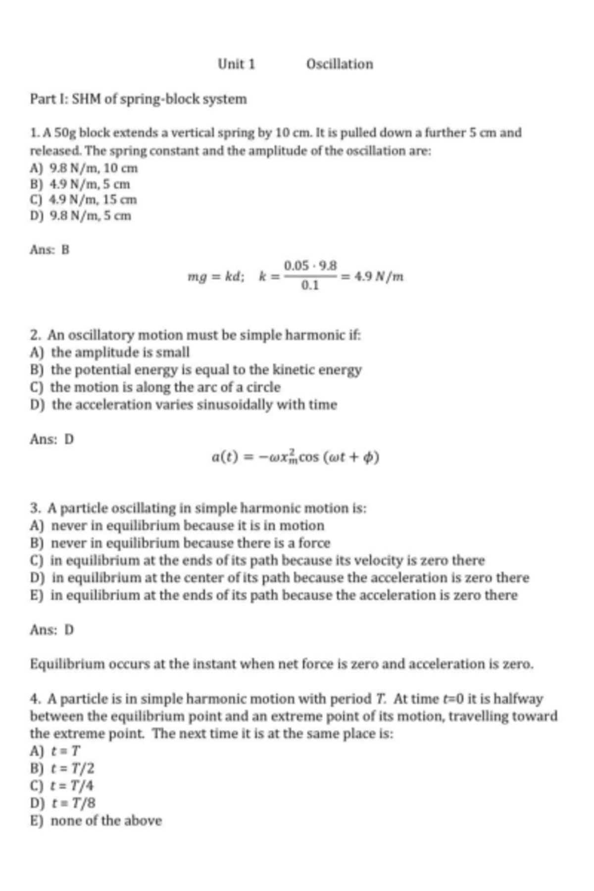 Unit 1: Problem Set on Oscillation & SHM Concepts - Studocu